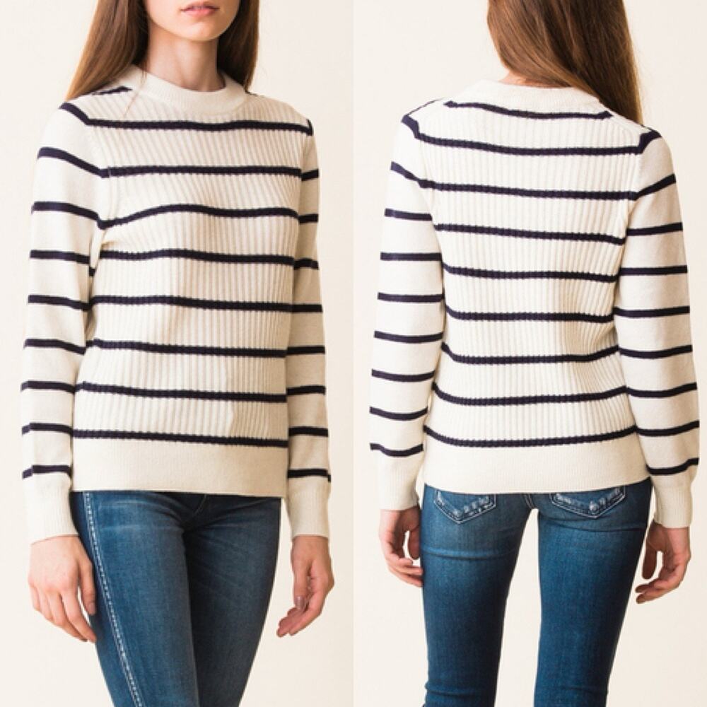 Ganni Cream Black Striped Ribbed Minimal Merino Wool Yak Mercer Sweater Medium